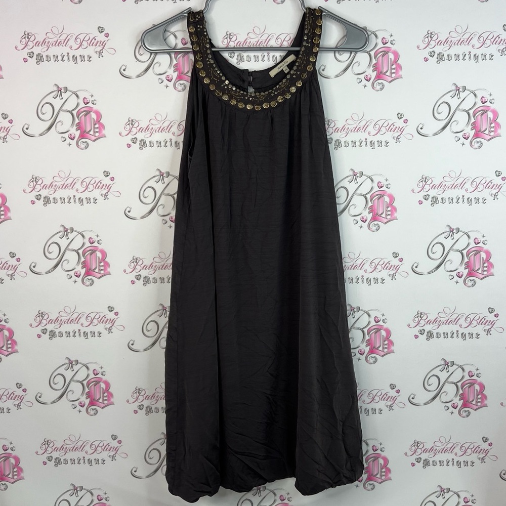 RW&CO. Dress embroidered neckline beads sequins Charcoal Sleeveless Studded